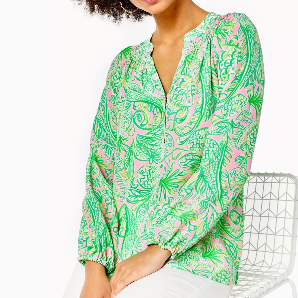Lilly Pulitzer Elsa Silk Top in Fins And Flippers print